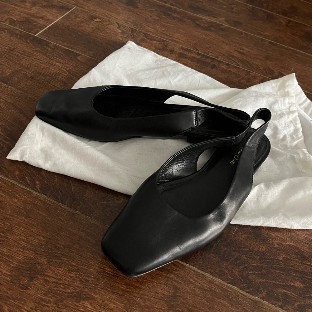 Massimo Dutti Black Leather Square-Toe Slingback Flats